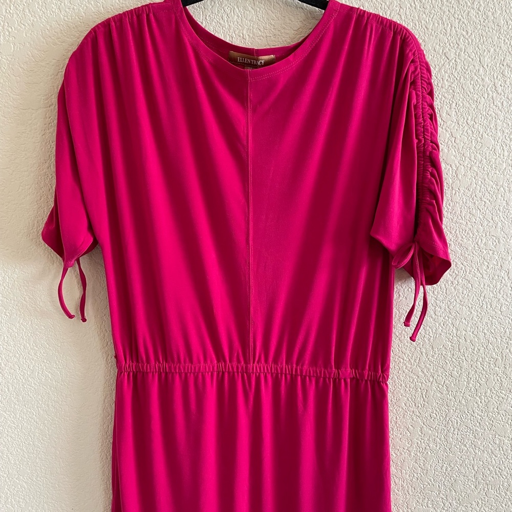 Ellen Tracy Women’s Medium Deep Pink Stretch blouson Dress Sheath Dolman Career.
